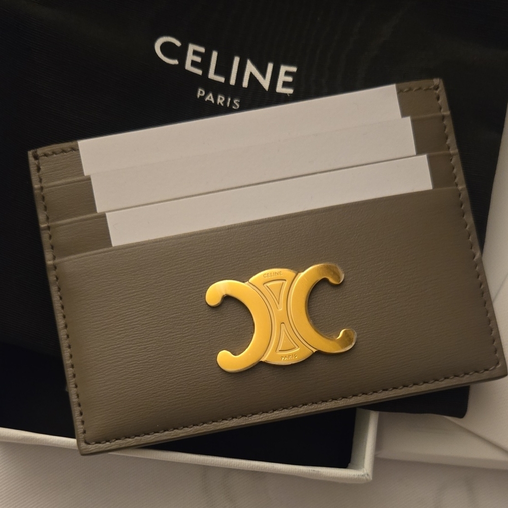 Celine Taupe Card Holder with Gold Emblem